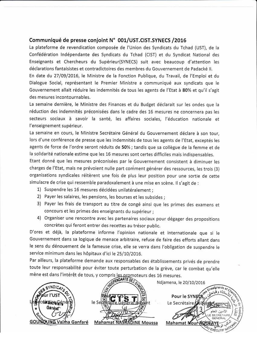 Tchad: trois structures syndicales désavouent le ministre de la fonction publique