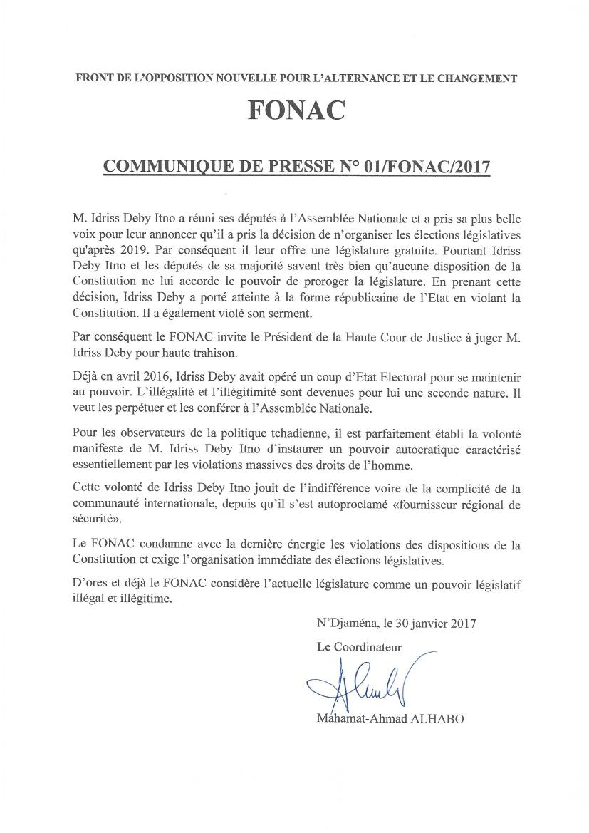 Face à la décision unilatérale d'Idriss Deby de repousser les législatives au Tchad: le FONAC s'oppose et appelle à la mobilisation