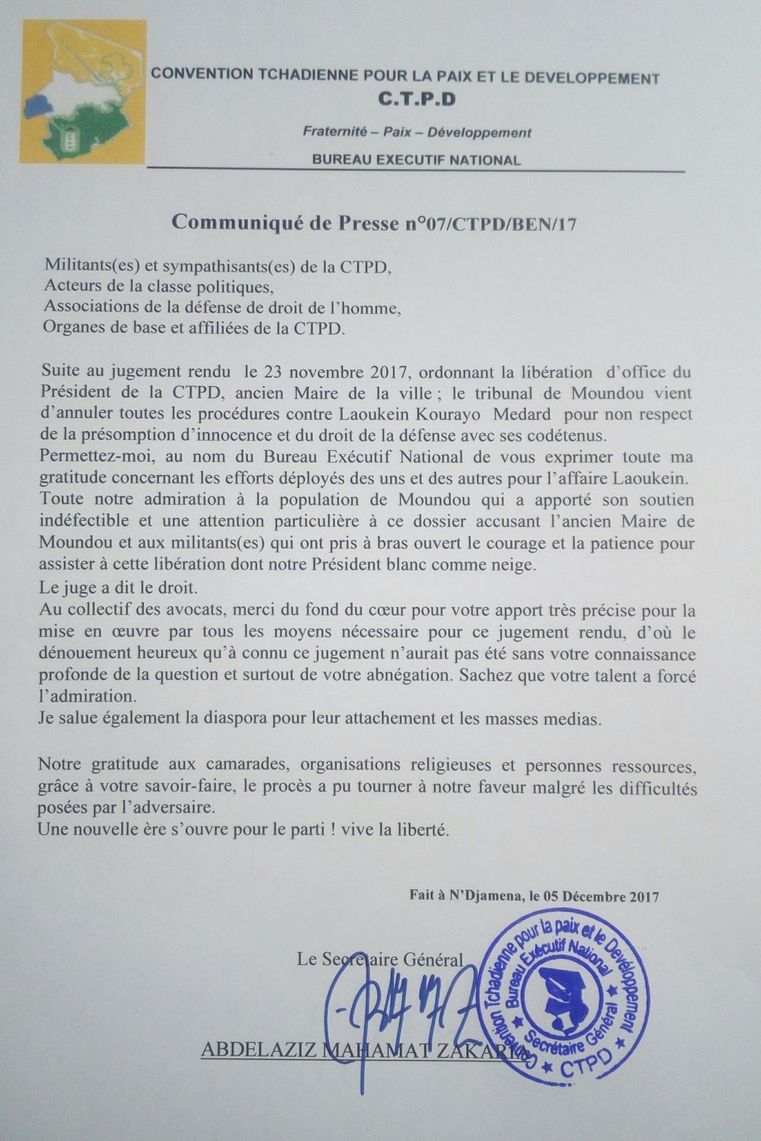 Tchad: après la Cpdc, la CTPD exprime sa gratitude aux soutiens de  l'ancien Maire Laokein Médard, acquitté