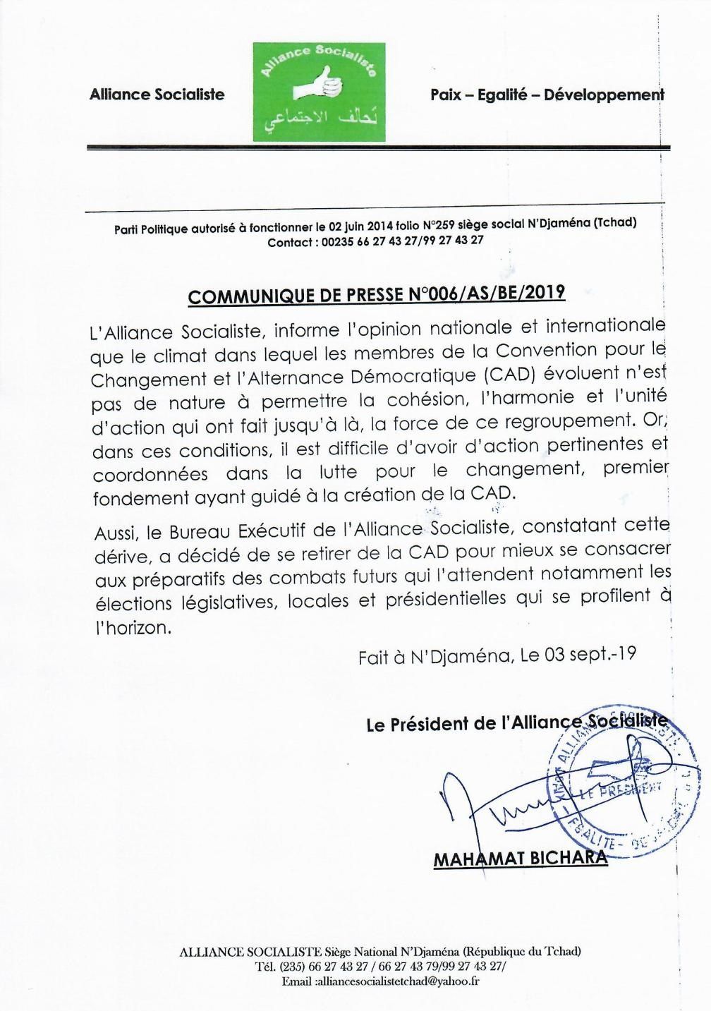 Tchad: l'Alliance Socialiste quitte la coalition de l'opposition pour des raisons de divergences politiques