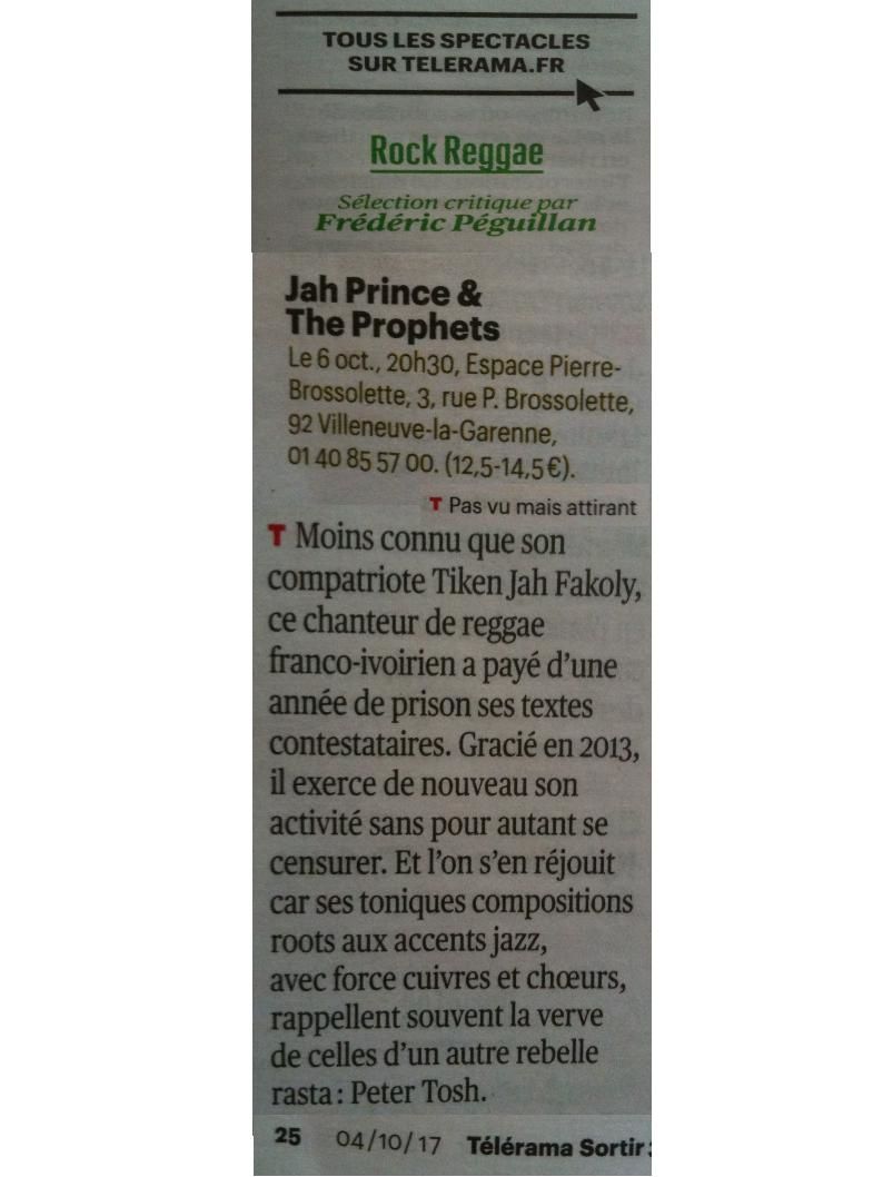 Télérama sortir, octobre 2017, Jah Prince
