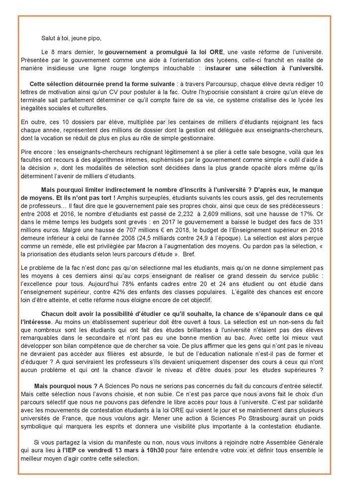 Assemblée Générale de Sciences Po Strasbourg sur le Plan étudiant - lundi 16/04