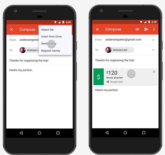 Sur Android, Gmail permet d’envoyer de l’argent comme une simple pièce jointe
