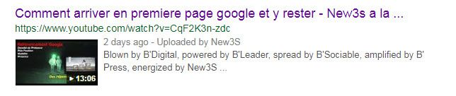 Voici la trace de la video "Comment arriver en premiere page google et y rester ! " dans Youtube
