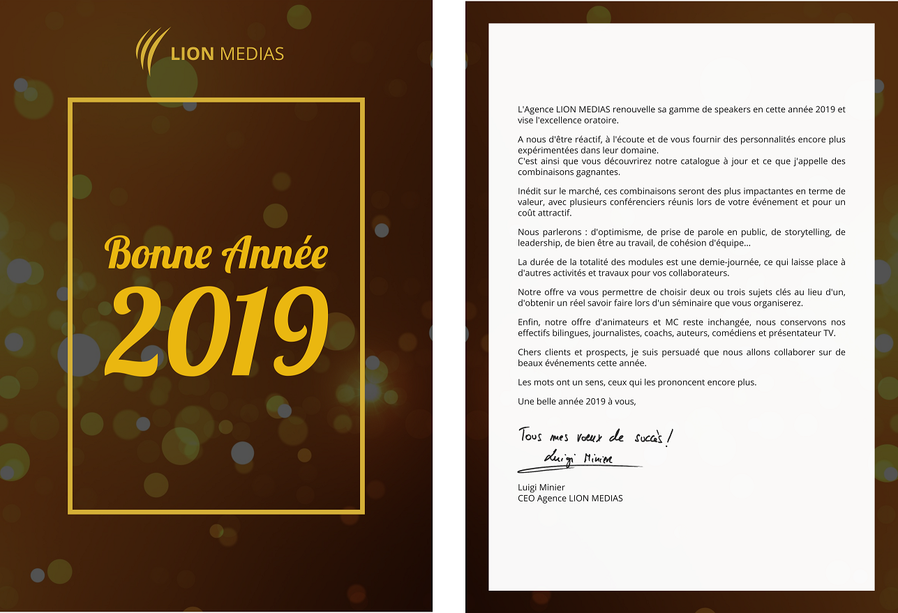 Voeux 2019 de Lion Medias speaker d'excellence conferencier coach conferencier emotionnel conferencier entreprise conferencier professionnel conferencier inspirant conferencier motivateur  conferenciers coach conferenciers emotionnels  conferenciers entreprises conferenciers professionnels conferenciers inspirants conferenciers motivateurs  speakers d'excellence  agence conferenciers bureau de speakers conferencier leadership presentateur evenementiel