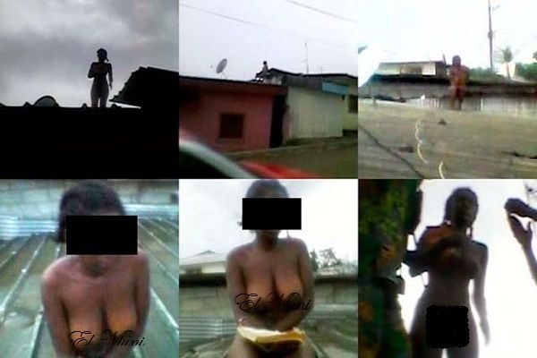 África profunda, Gabón: Joven mujer encontrada desnuda al amanecer: leía sentada sobre un tejado de su vecindario.