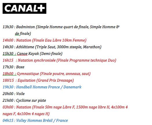 J.O. de Rio 2016 - Le programme complet du lundi 15 août sur les antennes du Groupe Canal+