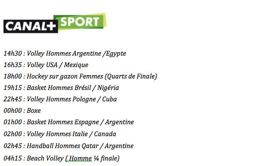 J.O. de Rio 2016 - Le programme complet du lundi 15 août sur les antennes du Groupe Canal+