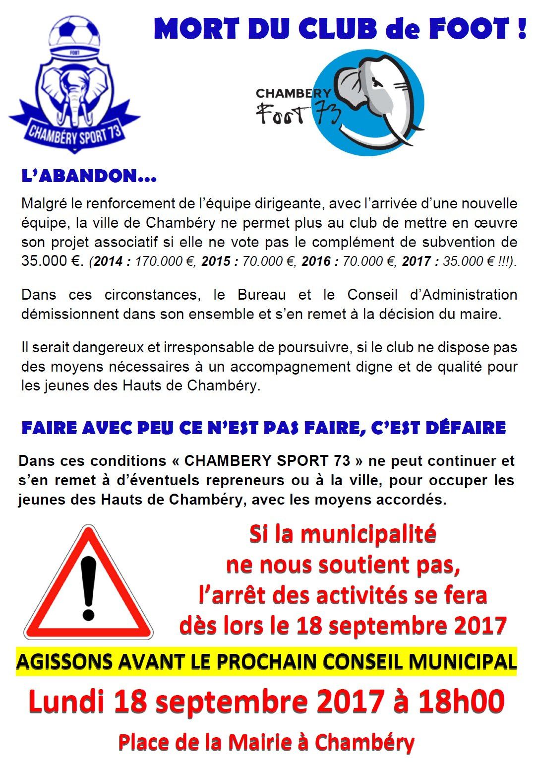 Le club de foot Chambéry Sport 73 en danger ! - Cap à gauche; cap a gauche