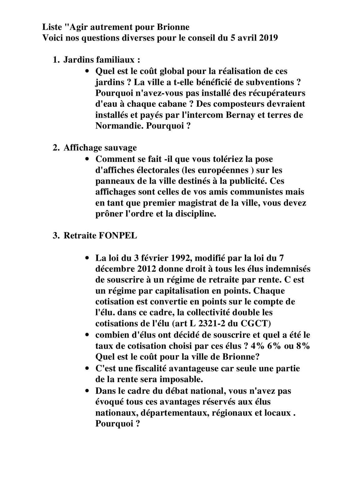 Nos Questions Diverses Pour Le Conseil Du 5 Avril 19 Agir Autrement Pour Brionne