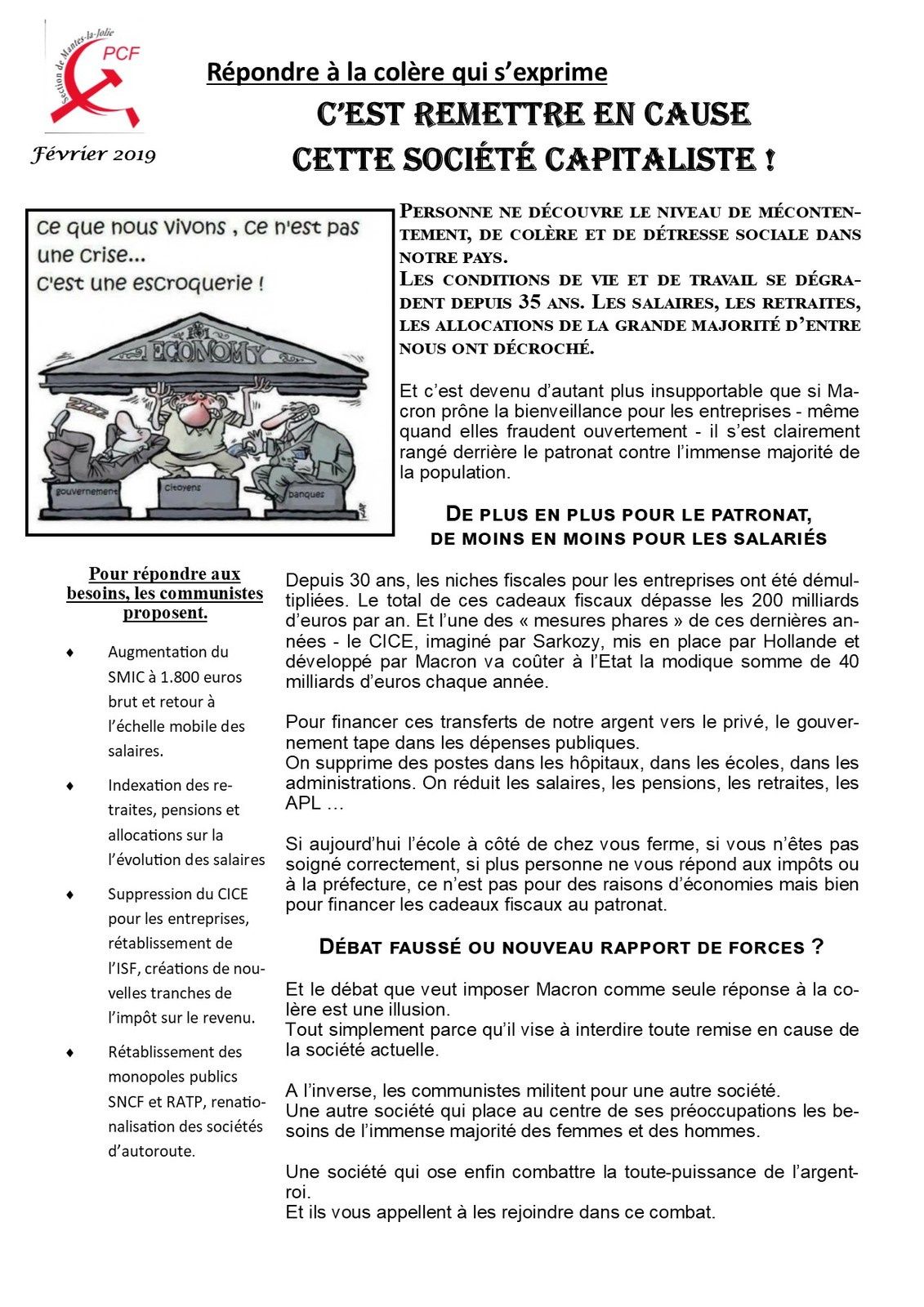 PCF Mantes-la-Jolie. Lettre mensuelle. Répondre à la colère qui s'exprime