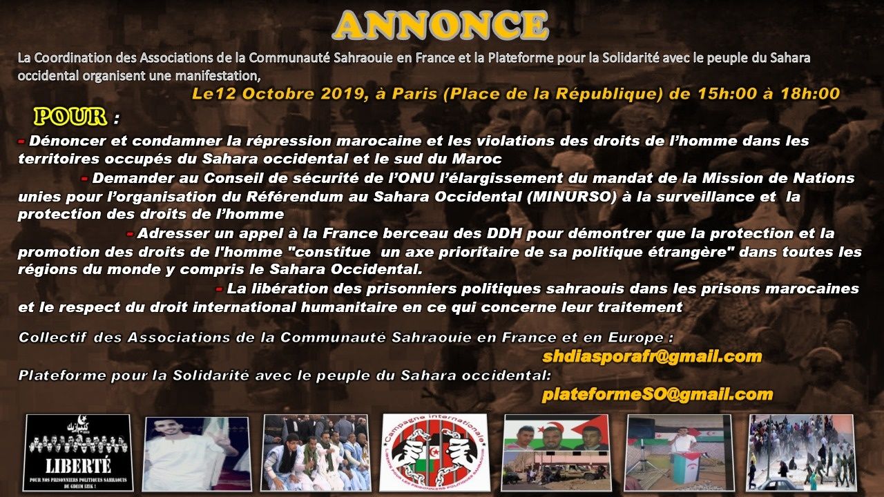 Sahraouis. Manifestation à Paris samedi 12 octobre 15h00 à 18h00