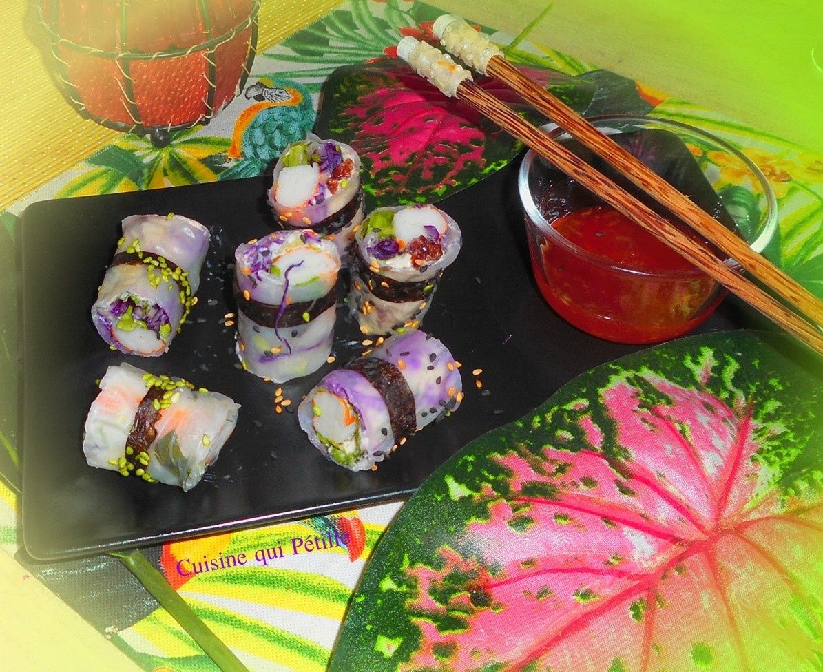 mini rouleaux de printemps au fromage frais chou rouge et surimi