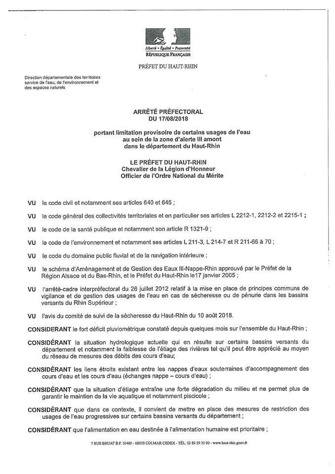 Limitations de l'usage de l'eau - Arrêté préfectoral