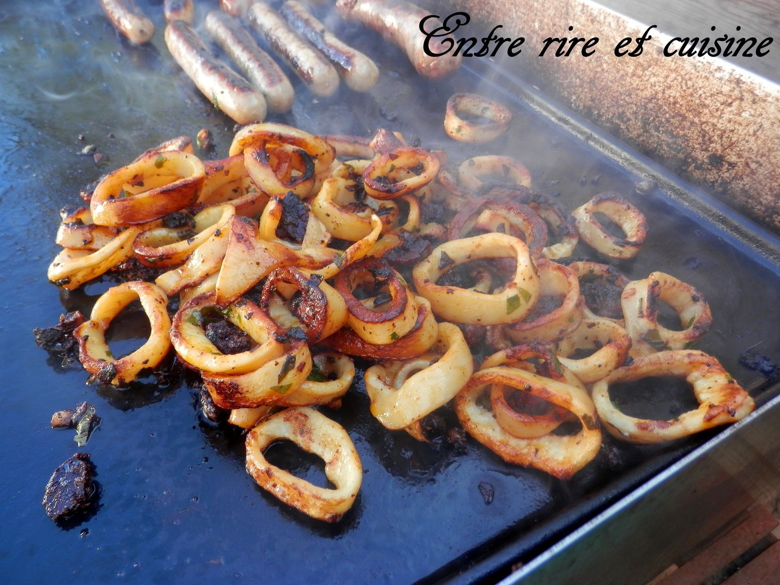 Anneaux d'encornets marinés, au chorizo à la plancha - Entre rire et cuisine