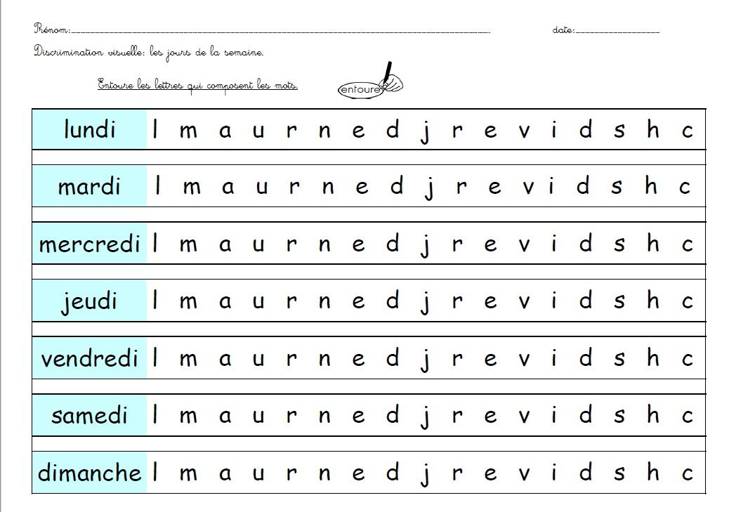 Résultat de recherche d'images pour "écrire lesjours de la semaine MS - GS"