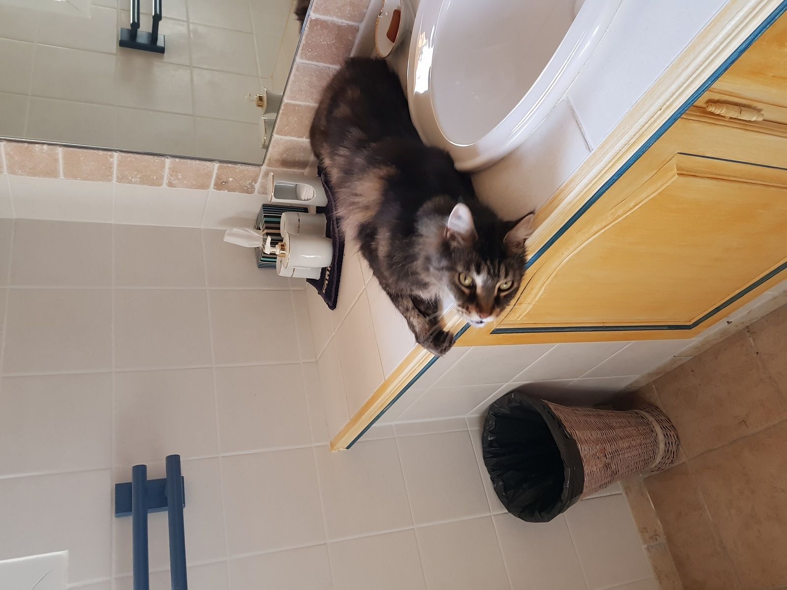 la tablette de l'autre coté du miroir exactement