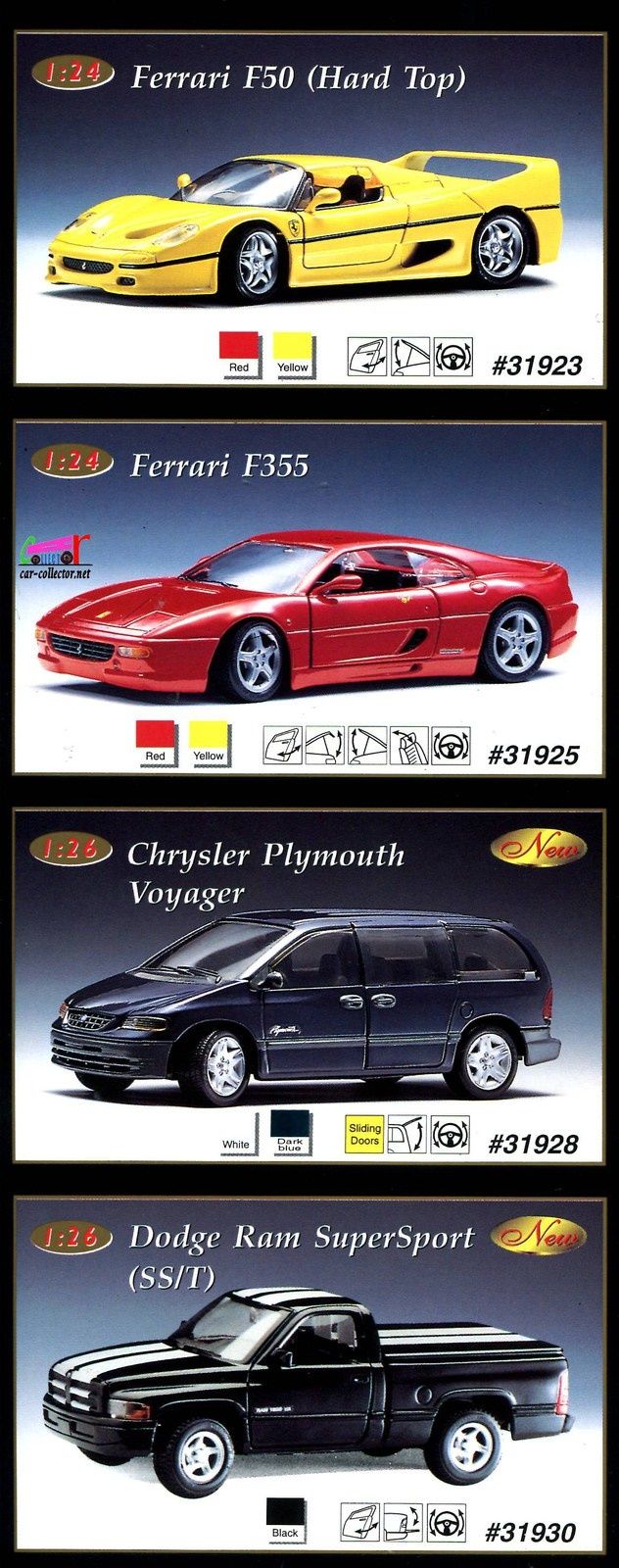 ferrari-f355-chrysler-plymouth-voyager-dodge-ram-supersport-sst-maisto-1-24