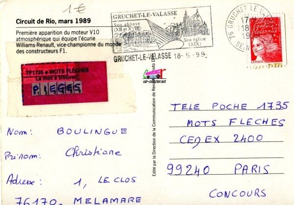 CARTE POSTALE F1 WILLIAMS RENAULT V10