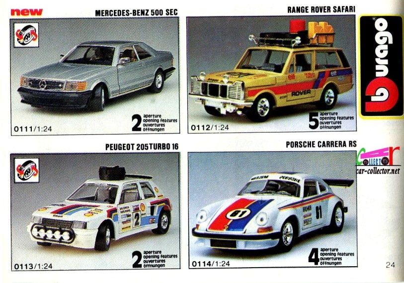 mercedes-500-sec-range-rover-safari-peugeot-205-turbo-16-porsche-carrera-rs-burago-1-24