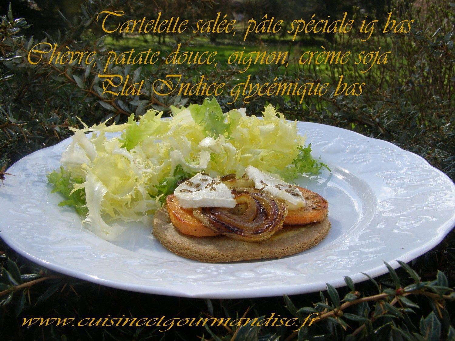 Tartelette salée, pâte spéciale ig bas Chèvre, patate douce, oignon, crème soja (Indice