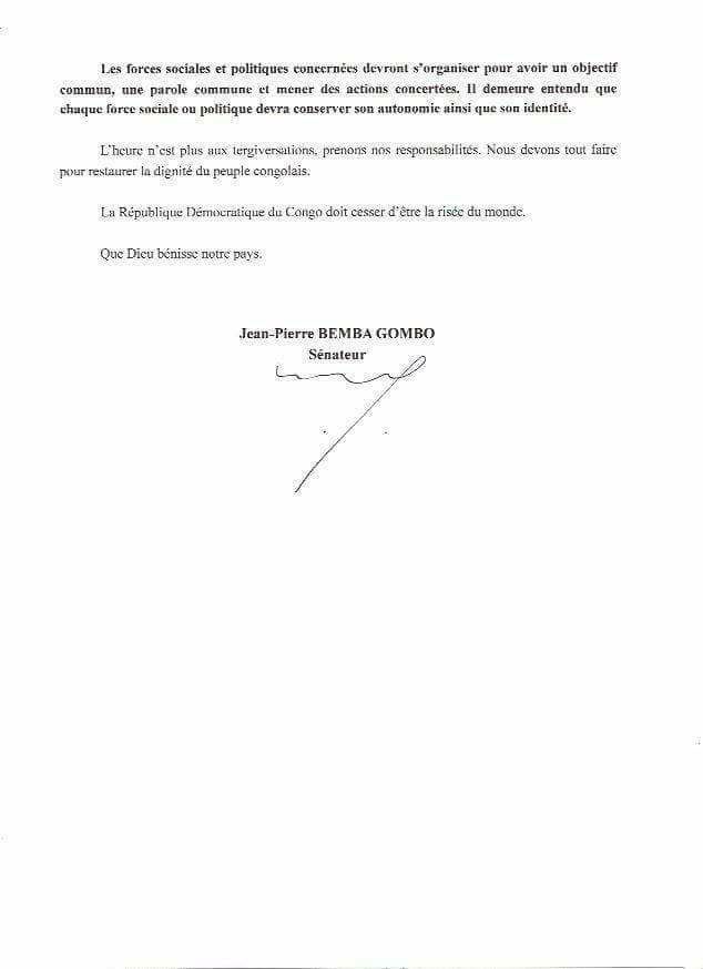 Document. Communication de Jean-Pierre Bemba pour l'alternance