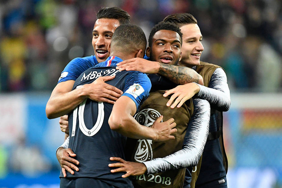 Corentin Tolisso, Kylian Mbappé, Thomas Lemar Florian Thauvin. | Photo : AFP