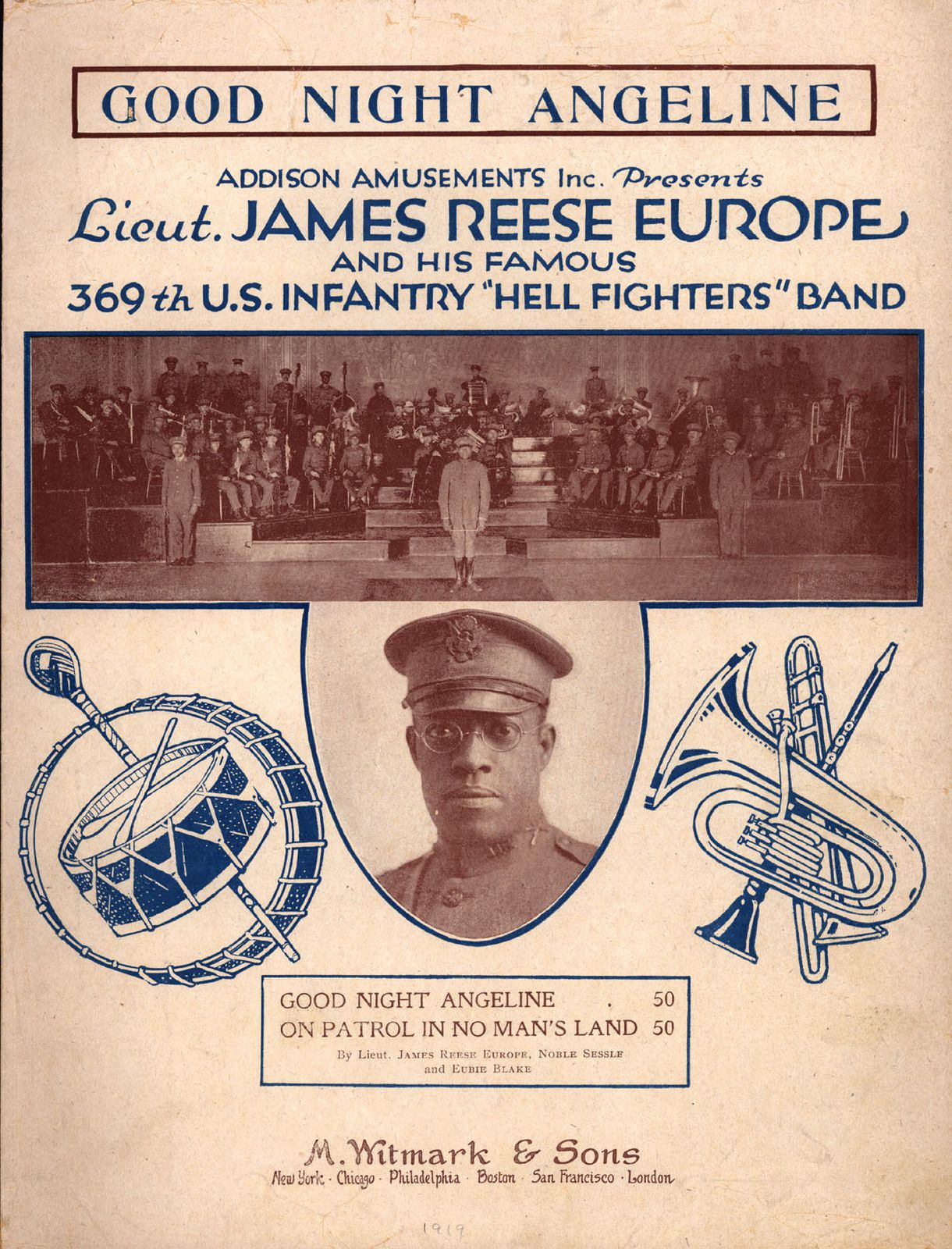 Affiche de propagande américaine valorisant l'action de James Reese Europe, chef d'orchestre et dirigeant les mitrailleuses au sein des "Harlem Hellfighters" (1917-1918)