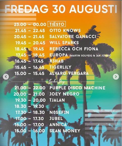 Tiësto date | Summerburst | Stockholm, Sweden - august 30, 2019 | Set Times