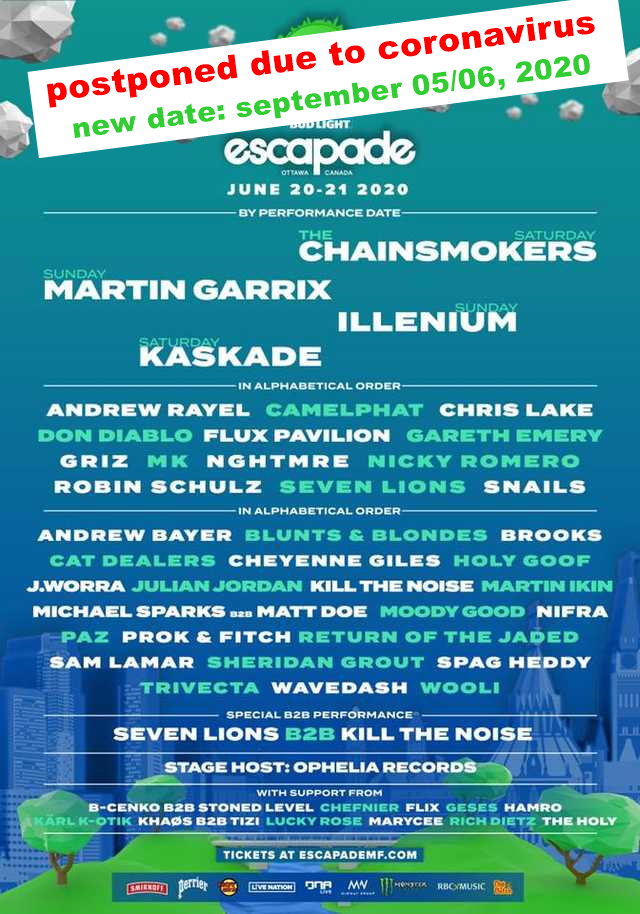⚠ Escapade Music Festival - Ottawa, Canada 2020, postponed due to coronavirus ⚠