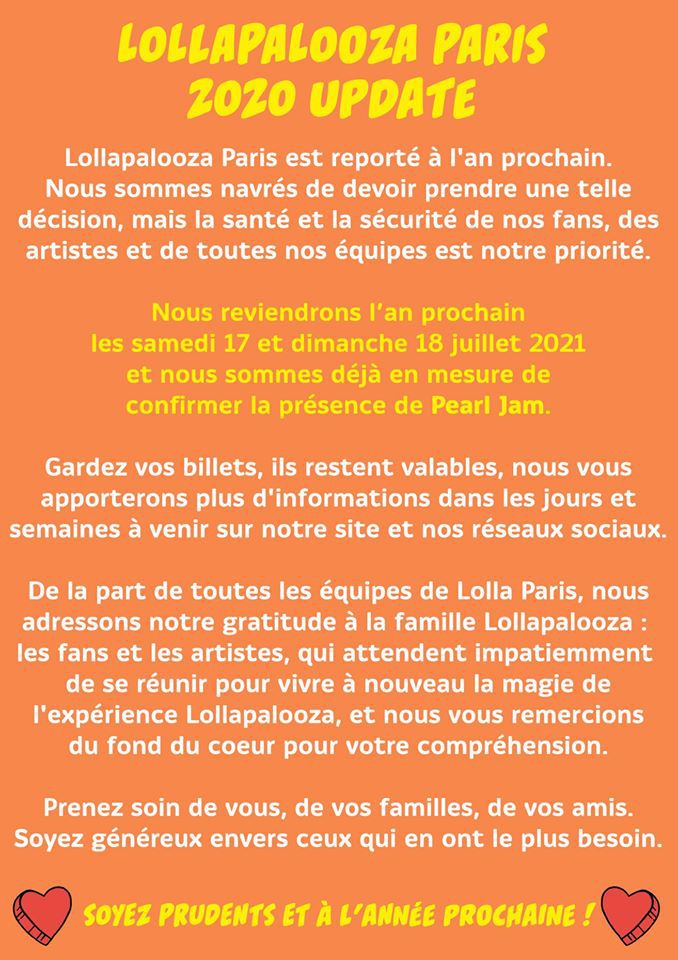 ⚠ Lollapalooza - Paris, France 2020, cancelled due to coronavirus ⚠