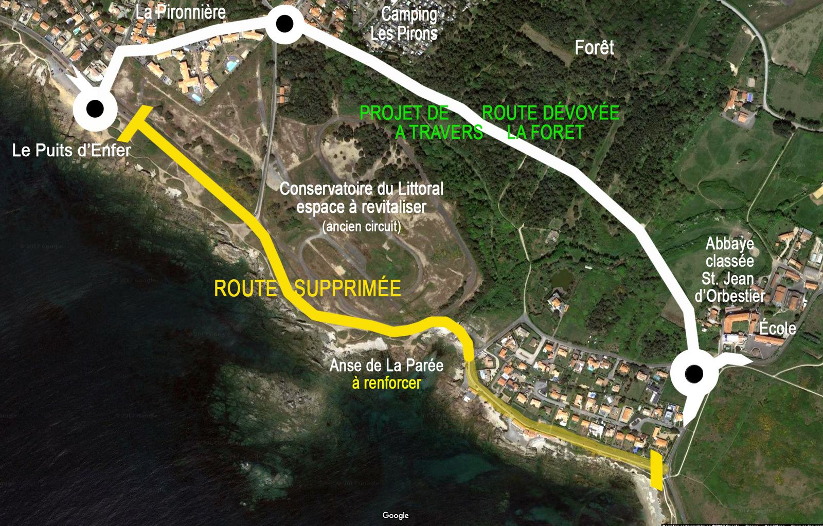 LE PROJET : EN JAUNE COUPURE DE LA ROUTE ACTUELLE, EN BLANC LE TRACÉ DE LA NOUVELLE ROUTE