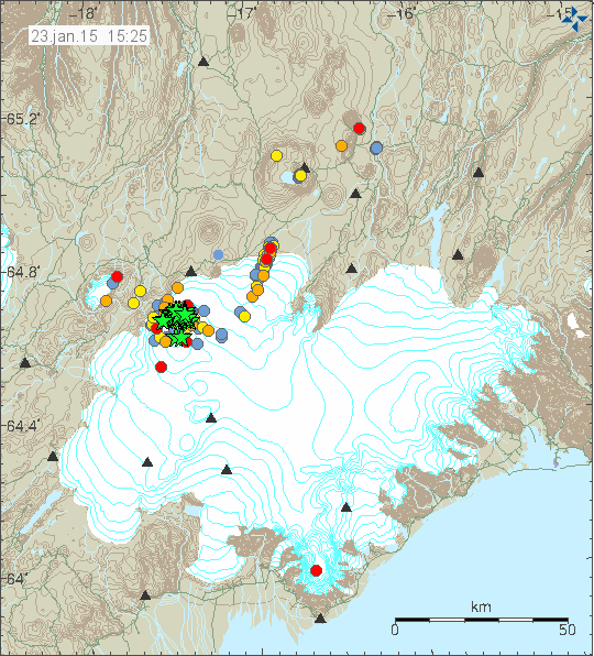 Localisation et magnitude des séismes au Bárðarbunga et à Holuhraun le 23.01.2015 à 15h25 - doc. IMO