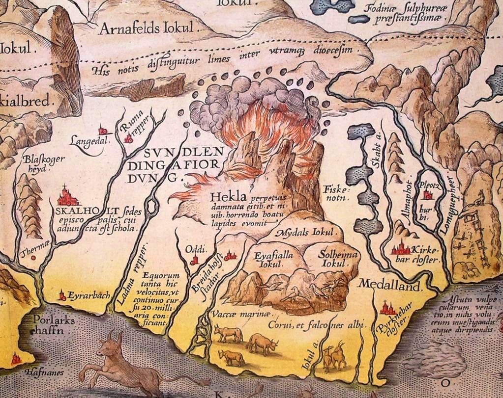 The Erupting Hekla - detail of the Abraham Ortelius map / 1585 - The Latin text translation: "Hekla, perpetually condemned to storms and snow, vomits rocks in a terrible noise"