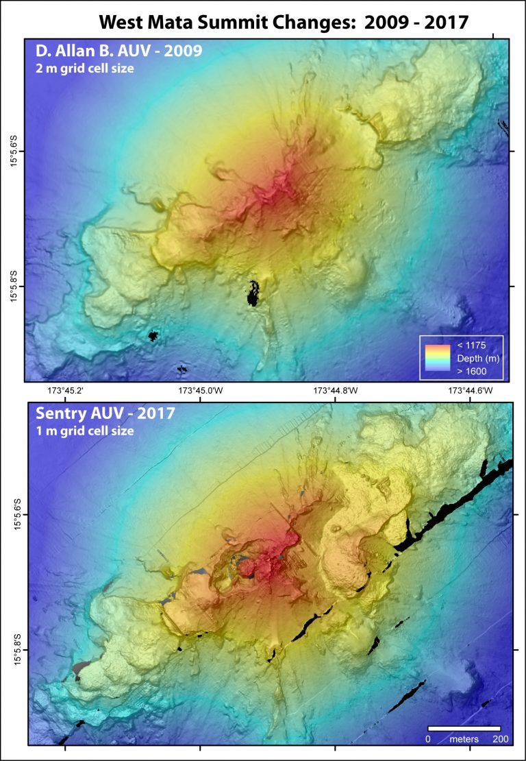 West Mata - évolution morphologique de la zone sommitale entre 2009 et 2017 - à noter la différence de résolution et de précision des images - Doc Schmidt Ocean Institute 