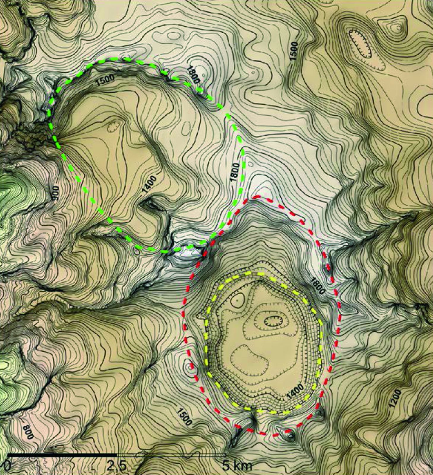 Topography of the bedrock of the central part of the Öraefajökull, with the current caldera (dashed red line), a potential intraludate formation (dashed yellow line) and a possible old eroded caldera (dotted green line) - - doc. Removing the ice cap of Öræfajökull central volcano, SE-Iceland: Mapping and interpretation of bedrock topography, ice volumes, subglacial troughs and implications for hazards assessments Eyjólfur Magnússon, Finnur Pálsson, Helgi Björnsson and Snævarr Guðmundsson - 2014