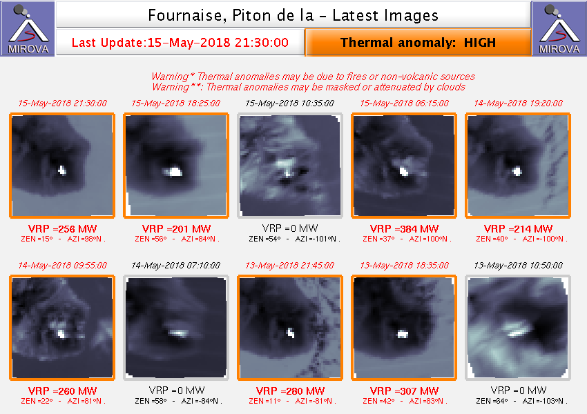 Piton de La Fournaise - thermal anomalies of the last days - doc. Mirova Modis 15.05.2018 / 21.30