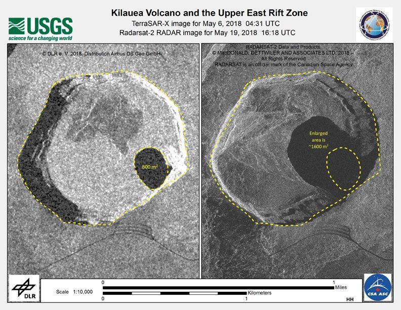 Kilauea summit - radar images of the summit caldera with its ash-covered areas and alterations within Halema'uma'u / Images USGS / CSA 19.05.2018