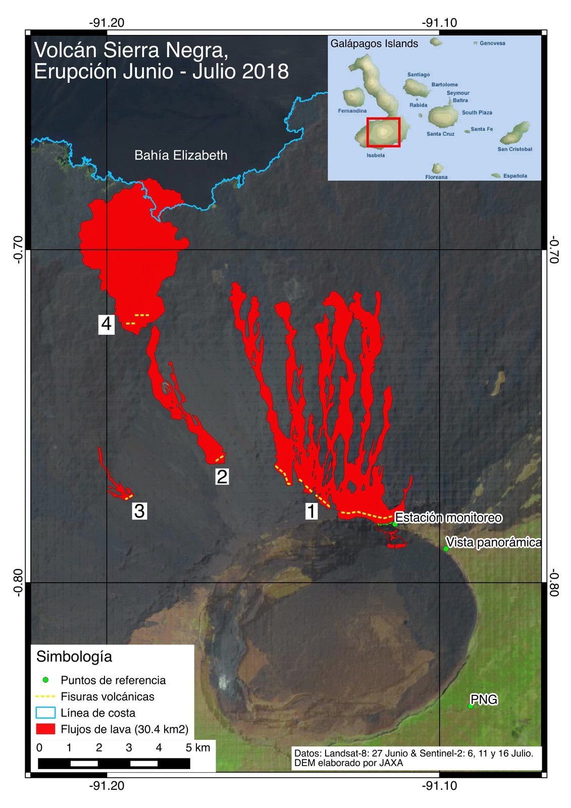 Sierra Negra - distribution des différentes fissures et coulées de lave , actualisée au 16.07.2018 - Doc.IGEPN