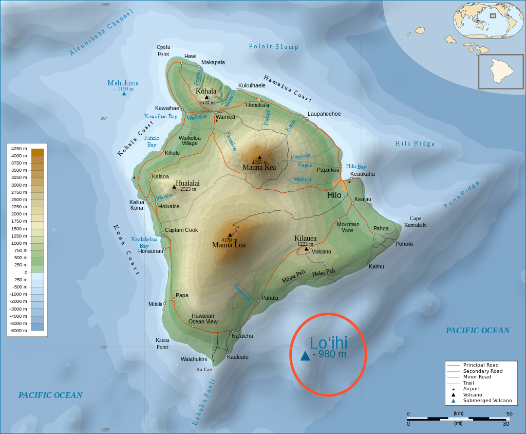 Big island et le seamount Lō`ihi  - carte bathymétrique SVG
