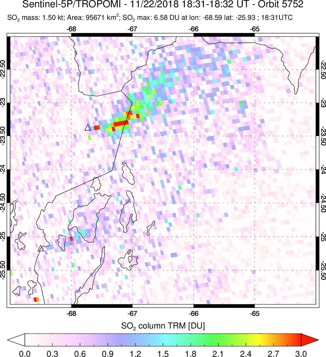 Lascar - sulfur dioxide emissions on 22.11.2018 - image Sentinel 5P Tropomi via Simon Carn