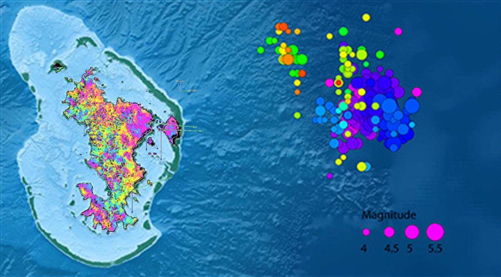 Mayotte - L'essaim sismique, données InSAR, déplacement - Doc. Matarikipax / Twitter - un clic pour agrandir