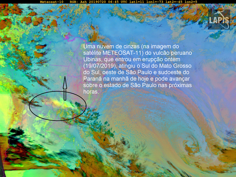 Ubinas - the ashes on Mato Grosso / Brazil - image Meteosat-10 of 20.07.2019 / 6:45 UTC via LAPIS
