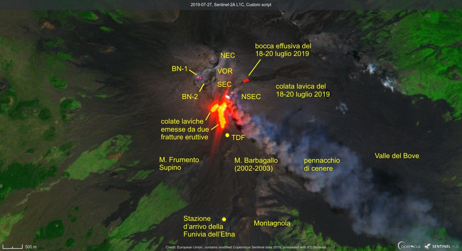 Etna - 27.07.2019 / 10h UTC / 12h locale - image Sentinel 2 / Copernicus - INGVvulcani