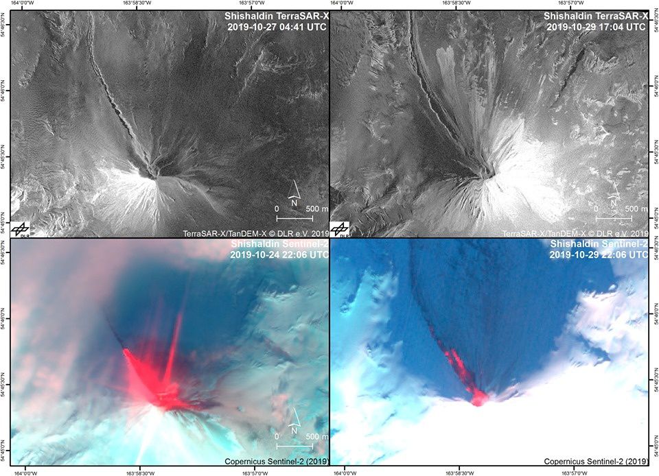This panel of four satellite images of Shishaldin compares eruptive activity from October 24th and 27th (left) to activity on October 29th (right), and features as documented with satellite radar images (top, aperture radar TerraSAR-X synthetic) and optical / infrared imaging (low, Sentinel-2 natural color composite with short-wave infrared or CRI). This imagery was provided by Simon Plank (German Aerospace Center, DLR) through an ongoing collaboration with the Alaska Volcano Observatory on Remote Sensing of Volcanic Eruptions. - one click to enlarge