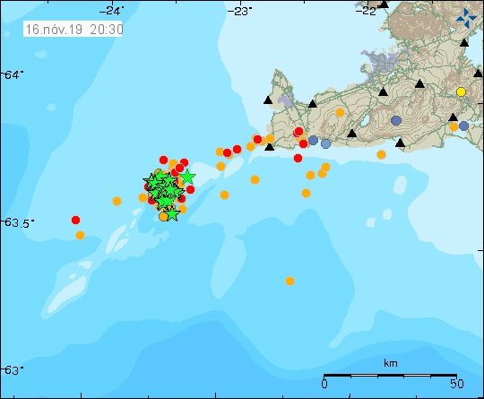 Reykjanes ridge - sismicité / localisation et magnitude des séismes au 16.11.209 / 20h30 - IMO (2)