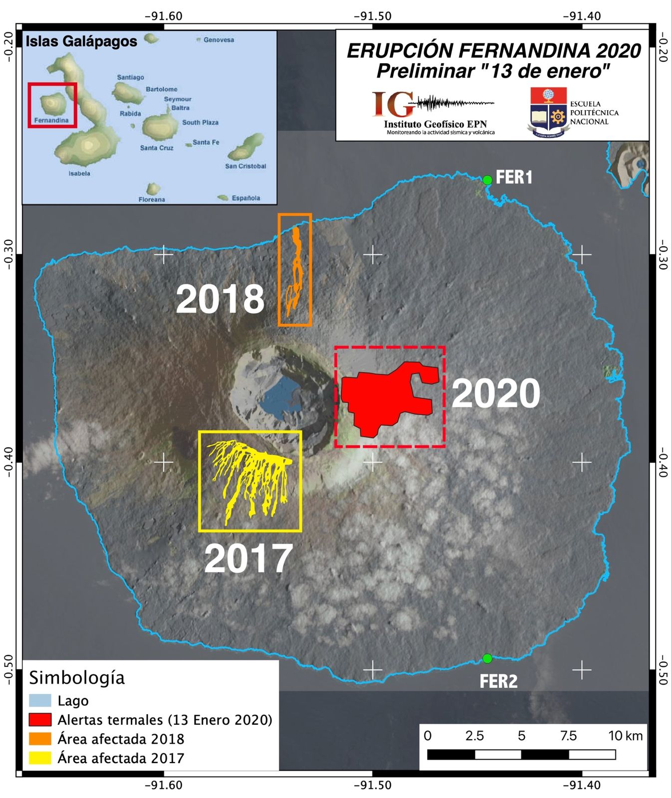 Fernandina - Zones avec présence d'alertes thermiques détéctées par FIRMS, lors des éruptions de 2017, 2018 et 2020 - Doc. Nasa / IGEPN - F.  Vásconez