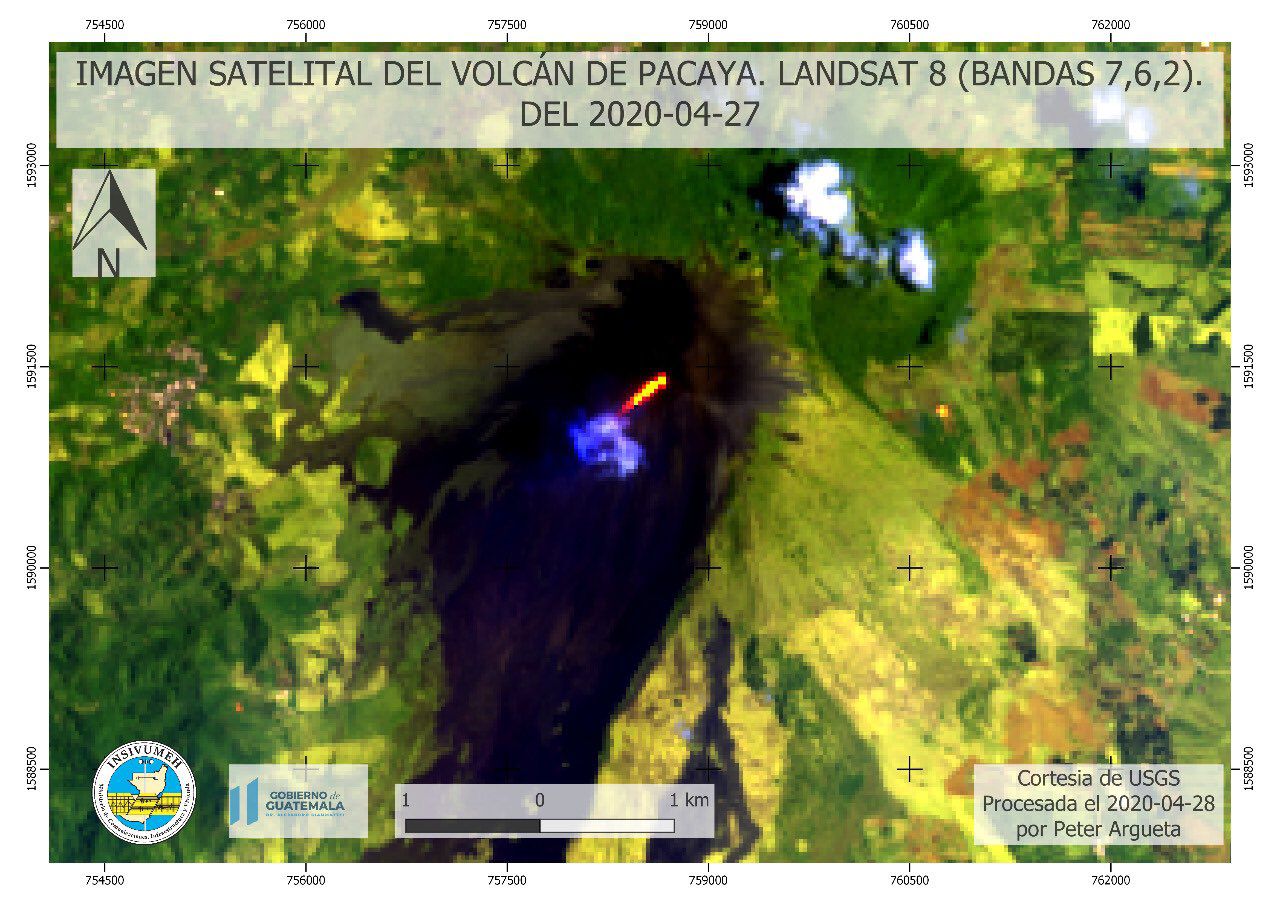 Pacaya  - coulée de lave du 27.04.2020 - image Lansat 8 bands 7,6,2