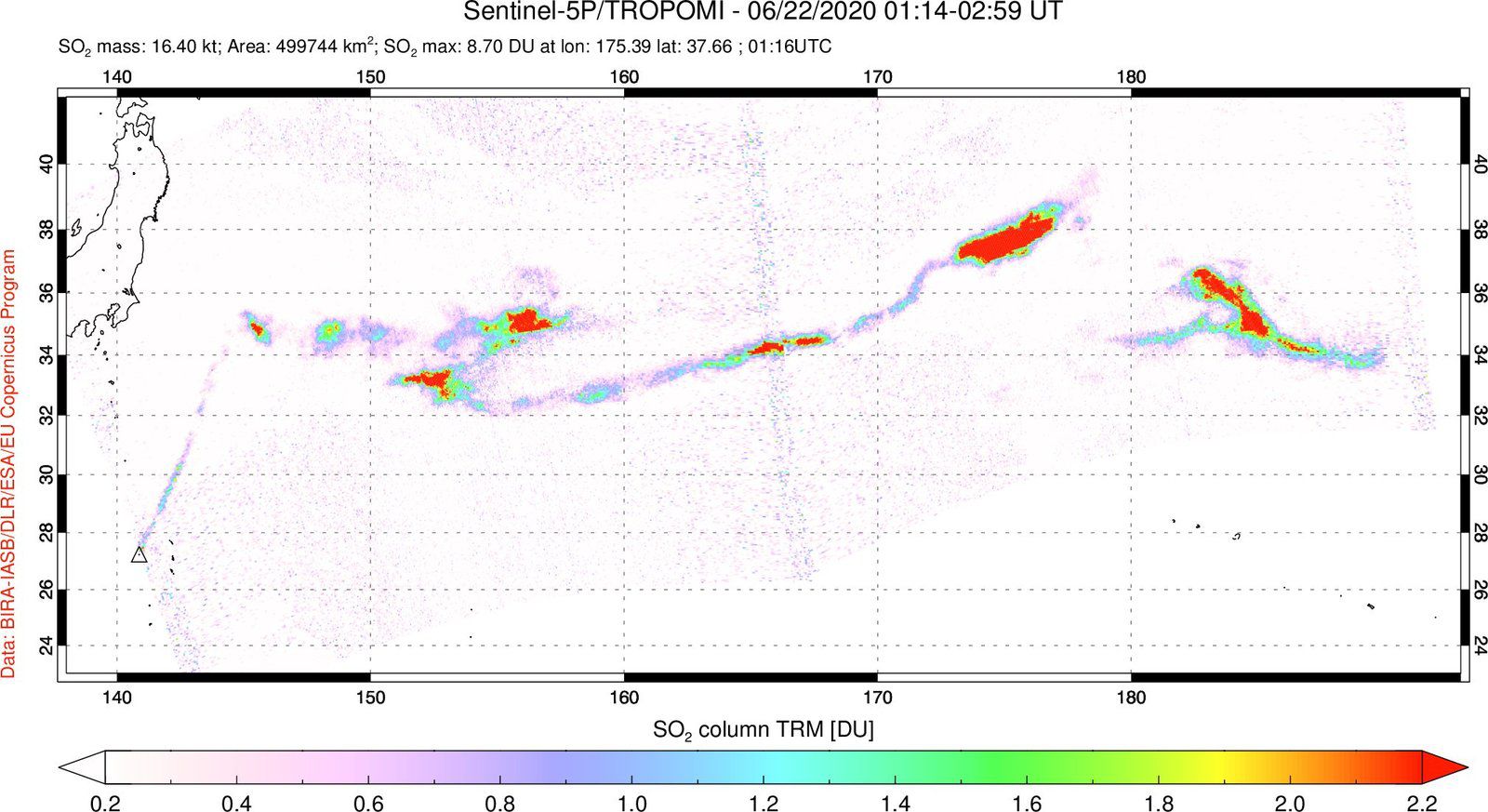 Nishinoshima - panache de SO2 sur ces images Sentinel-5P / Tropomi des 21 et 22.06.2020 - Doc. Tropomi / via Simon Carn 