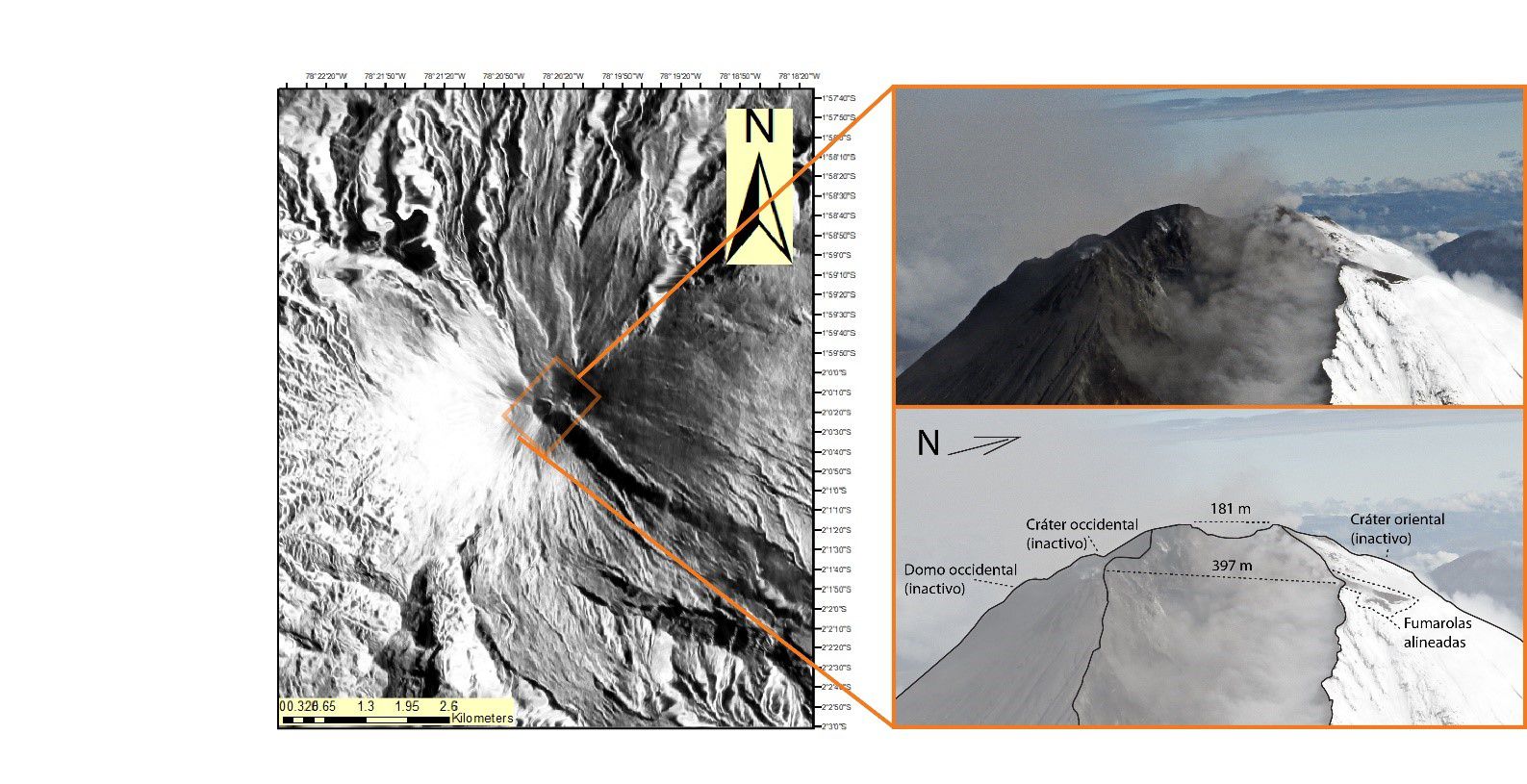 Sangay - Approche du sommet du volcan Sangay, avec une illustration qui met en évidence ses nouvelles caractéristiques morphologiques. -  Photo: M Almeida, IG EPN.